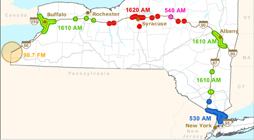Map of The New York State Thruway with clickable links of Highway Advisory Radio coverage areas