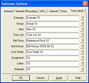 Figure 6 - Tree Labels tab of Estimator Options window